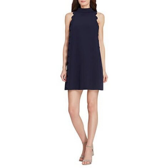 Tahari ASL Navy Crepe Mock Neck Trapeze Mini Dress - Picture 1 of 9